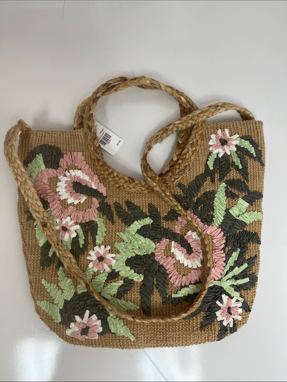 Jute Rafia Tote Crossbody Bag with Pink & Green Floral Design New